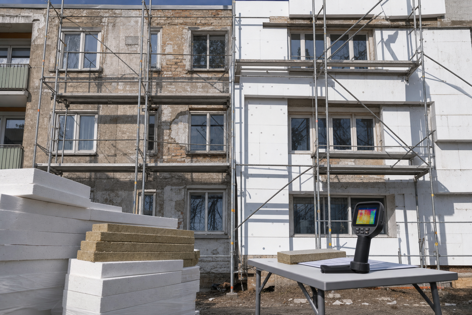 Fassade eines Altbaus mit halb angebrachter Dämmung und Gerüst, im Vordergrund Dämmplatten und ein Wärmebildgerät auf einem Klapptisch, klares Tageslicht