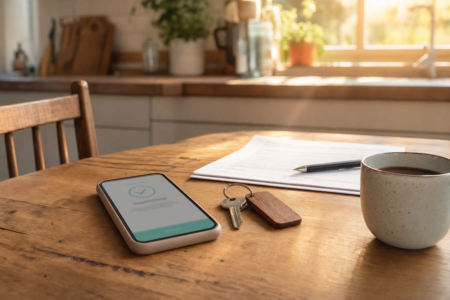 Küchentisch mit einem Smartphone, auf dem eine Überweisungsbestätigung zu sehen ist, daneben ein Wohnungsschlüssel mit Anhänger, ein Mietvertrag und eine Tasse Kaffee, Morgenlicht
